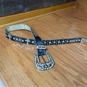 BHW Rhinestone Studded Western Black Leather Belt Size Small